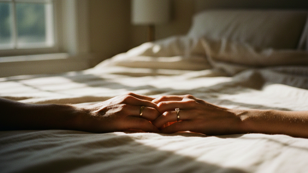 Close-up of a couple’s hands intertwined on linen bedding, representing intimacy and the emotional benefits of overcoming premature ejaculation naturally.